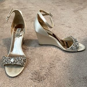 Badgely Mischka Satin Embellished Wedge Heels